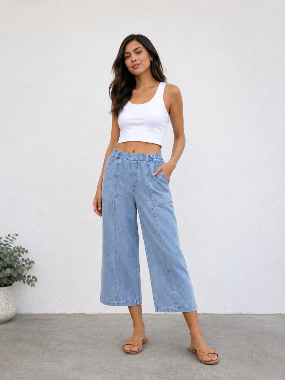 Jane + Delancey Wide Leg Pants Cropped Large Coastal Boho Resort Beachy Blue